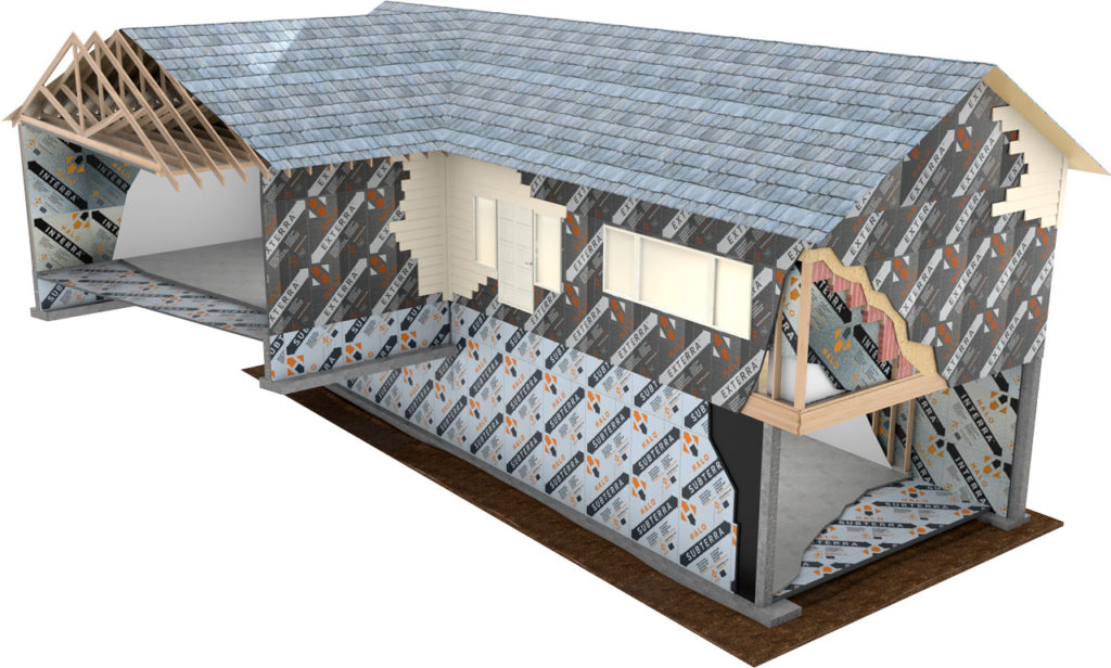 3D graphic image of Halo®'s Advanced Graphite Insulation System covering home exterior and interior